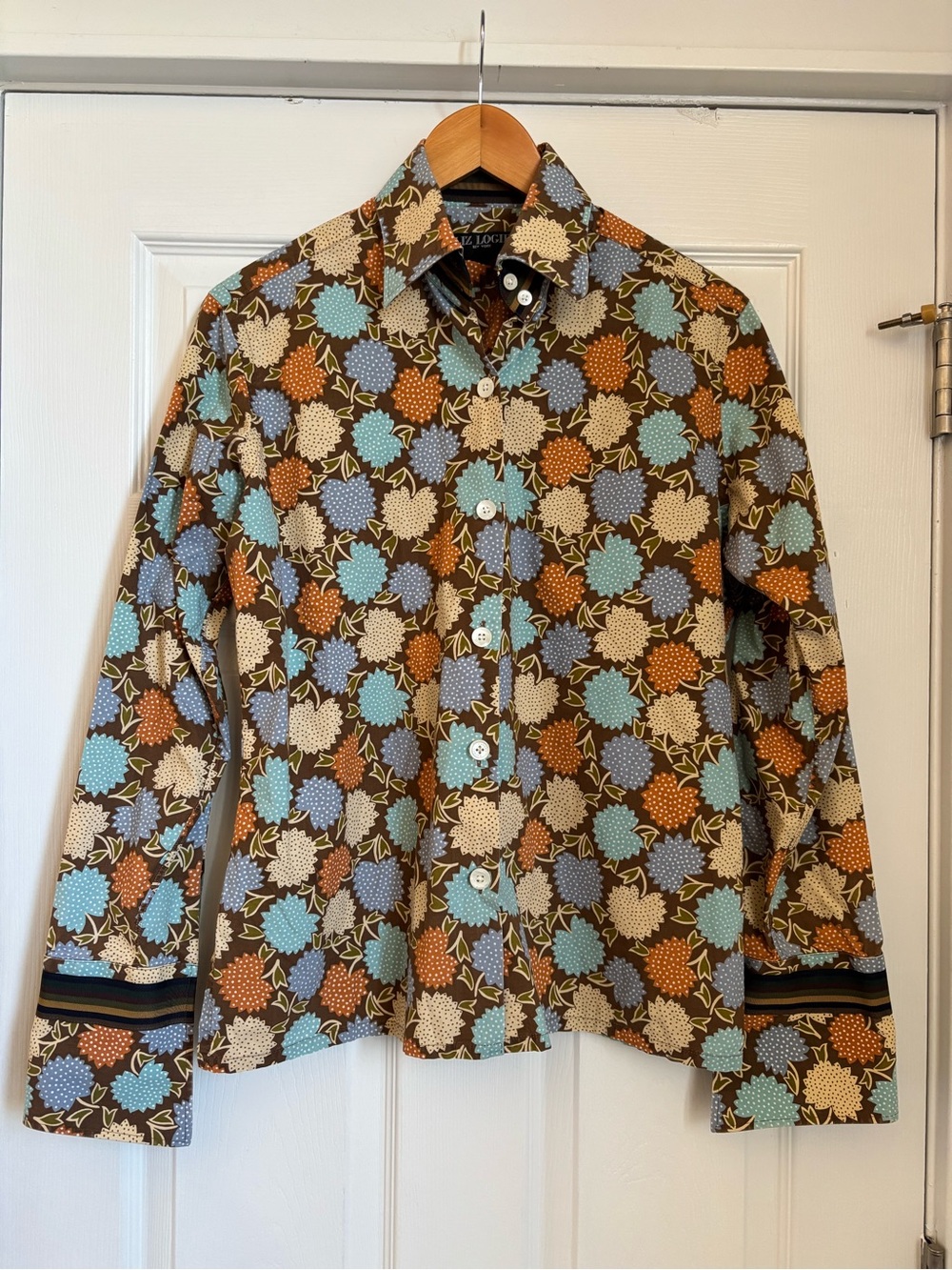 Liz Logie New York Autumn Tones Floral Print Button-Down Shirt Ribbon Trim 12